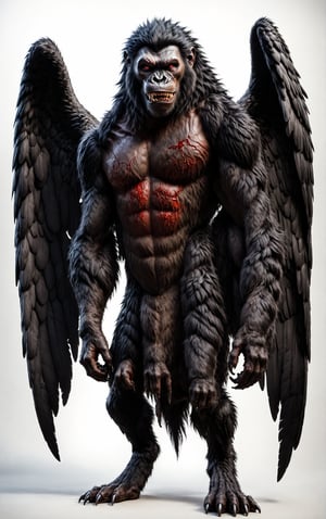 score_9, score_8_up, score_7_up, score_6_up, score_9, score_8_up, score_8, Character sheet, masterpiece,4k,monster,ape like body, wings on its back,gigantic manlike form, with broad bat-like wings, short and bowed legs, huge arms, black talon nails, a malformed head, blood-red eyes. It is covered in fur black hair. Malicious grin, Large, up to twice human size (roughly 8' tall and 600 lbs) white background ,comic book