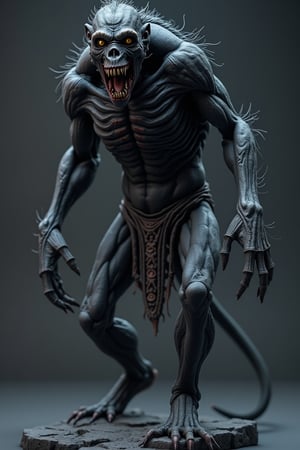 Crafting a 3D Printable Character Model with High-Quality, Game-Design Style, and Front, Back, and Side Views, Ensuring Exceptional Detail and Realism", 4k, masterpiece of demonic, mummified, corpse like, hunch back, skeletal muscle, exposed gums, shrunken skin, undead, yellow eye, baboon, long fanged mouth, huge body, completely black skin, hairless, evil , ancient runes craved on skin, sharp claws, full body, cowboy shot, facing viewer, profile, solo,resin