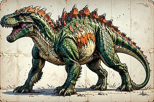 Sketchbook Style, comic book, hand drawn, gritty, realistic sketch, cel-shading, art style by Frank Cho,mix of bold dark lines and loose lines, bold lines, on paper, accurate body, character sheet, turnaround, multiple views of same character,proportions, Full Body,The dragon is more accurately described as a dinosaur, combining features of a Stegosaurus and an Allosaurus.
It has a lizard-like head, with sharp teeth and a menacing gaze.
Its back is spiny, reminiscent of the armored plates seen on some dinosaurs.
The tail is thorny, adding to its dangerous appearance.
The overall impression is one of primal power and ancient menace.white background 