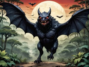 score_9, score_8_up, score_7_up, monster, bat like, giant, dark wings, obsidian fleshy skin, red eyes, large fangs, eldritch abomination. Flying, African jungle Dark night background,more detail XL,comic book