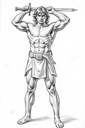 A detailed, masterpiece illustrated, line art, high resolution, Pencil drawing, graphite hard, sketch, smooth shading, drawn by Kentaro Muira, accurate body proportions, front view, Conan the barbarian holding large sword in both hands above shoulders, intense expression looking at viewer, full body, 
