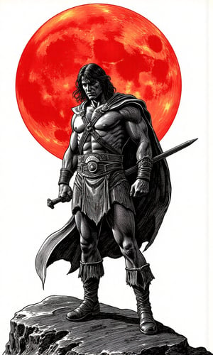 monochrome black and white ink style drawing of a black silhouetted figure of Conan the barbarian against a vivid white background, dark ominous shadow lurking behind him, give this poster an edgey intense feel against a giant red full moon rising in a dark sky, masterpiece artwork, intricate detail, dynamic composition,CharlesDG