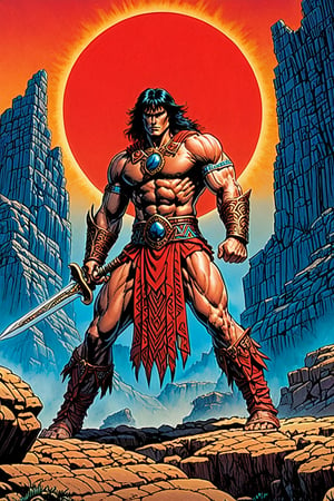 score_9, score_8_up, score_7_up,Create a movie poster In a bold, dark-lined cel-shaded art style reminiscent of Frank Cho's work, Conan stands tall in the midst of ancient Aztec ruins. His powerful physique is accentuated by his muscular build and sun- bronzed skin, with a stern expression and piercing blue eyes that seem to bore into the soul. The rugged terrain provides a gritty backdrop for this heroic pose, as he holds his sword at the ready.

Conan's attire consists of a worn loinloth made from animal hide, paired with leather bracers and greaves that add to his imposing stature. A leather belt wraps around his waist, adorned with a bronze buckle . His sturdy leather sandals or boots provide a sense of grounding amidst the ancient structures.

In the foreground, bold, black lines frame Conan's figure against the vibrant red text that reads "RED_ NAILS" in a striking display of cinematic flair. The overall composition is one of dynamic tension, as if Conan is about to leap into action at any moment, ready to face whatever dangers lie ahead.,Masterpiece,comic book,digital artwork by Beksinski