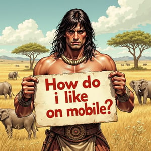 A detailed masterpiece illustration by Luis Royo and Milo Manara, front view, A sad Conan the barbarian holds a sign that reads 'Help! How do l like on mobile?', African savanna background 
