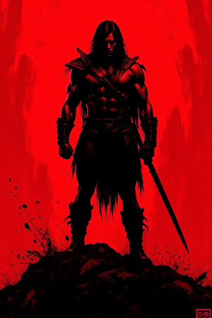 Detailed, masterpiece, high quality, Create a black silhouetted figure of Conan the barbarian against a vivid red background, dark ominous shadow lurking behind him, give this poster an edgey intense feel