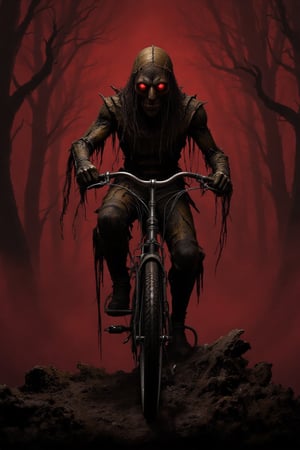 A baroque and romantic masterpiece: poster, front view, full-body , scarecrow on a bicycle, dark scenary, crimson mist, hat, sack head, red eyes, Hieronymus Bosch, Gustave Doré, Francisco Goya