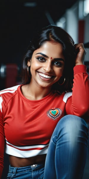  beautiful lady, big smile, dark makeup, hyperdetailed photography, soft light, head and shoulders portrait, cover, love,gym , red top jeans ,indian beauty,Indian ,Model ,Realistic ,Beauti,Sports 