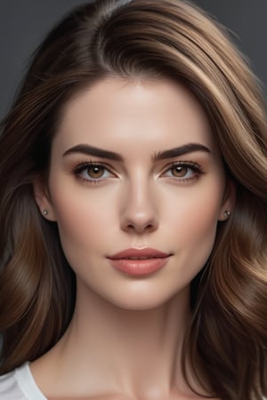 craft a hyper realistic vertical photo of most attractive serious woman in her 30s in T-shirt Dresses, trending on artstation, portrait, digital art, modern, sleek, highly detailed, formal, serious, determined, CEO, colorized, smooth, charming, pretty, soft smile, soft lips, black eyes, Trendsetter wolf cut brown hair, anne hathway,