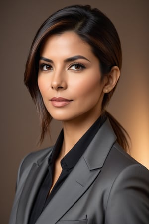 Close-up portrait of an Indian woman in her 30s with a trendsetting wolf-cut brown hairdo, donning a stunning  business suit that exudes determination and confidence. Her gaze is direct, yet soft, reminiscent of Sandra Bullock's signature elegance. Framed by a shallow depth of field, the subject's sharp features are showcased against a neutral, gradient-blurred background, allowing her to take center stage. Softbox lighting casts a flattering glow on her skin tone, while the suit's subtle sheen adds dimensionality. The overall atmosphere is one of modern sophistication and poise.