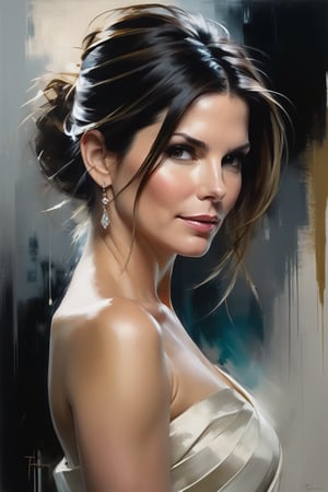 In Jeremy Mann's oil painting masterclass, Sandra Bullock's portrait reigns supreme against a soft gradient backdrop, exuding regal presence. Her Trendsetter wolf cut hair cascades down her back like a waterfall, while the blouse and saree frame her 38C bust with elegance. Volumetric lighting highlights her gentle features, as heavy brushstrokes and layered shading create a textured, otherworldly atmosphere. The golden ratio guides the viewer's gaze to her determined eyes, radiating a fairy-like tone. Rich colors bring depth and dimensionality to this award-winning masterpiece.