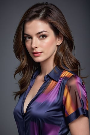 Vertical portrait of a stunning Indian woman in her 30s, dressed in a sun-kissed silky multi color shirt dress, exuding confidence and determination. Her Trendsetter wolf-cut brown hair falls softly around her face, framing her striking features. Anne Hathaway-esque charm radiates from her soft smile and full lips, which seem to hint at a thousand secrets. Her black eyes gleam with intensity, as if plotting the next big move in the corporate world - she's a CEO, after all. The sleek, modern composition is set against a smooth, colorized background, emphasizing the subject's sharp jawline and chiseled features. Every detail, from the subtle highlights on her hair to the delicate folds of her dress, is rendered with hyper-realistic precision, making this digital art piece truly breathtaking.