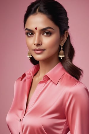 A captivating vertical portrait of a poised Indian woman in her 30s, dressed in a radiant sun-kissed pink shirt dress, exudes confidence and determination against a smooth, colorized background. Her Trendsetter wolf-cut brown hair softly frames her striking features, including her Deepika Padukone-esque charm. The CEO's soft smile and full lips hint at secrets, as her black eyes gleam with intensity, plotting the next move in the corporate world. The modern composition emphasizes her sharp jawline and chiseled features, rendered with hyper-realistic precision, showcasing every detail from hair highlights to dress folds.