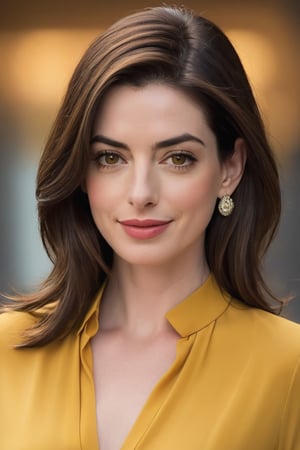 Vertical portrait of a stunning Indian woman in her 30s, dressed in a sun-kissed yellow shirt dress, exuding confidence and determination. Her Trendsetter wolf-cut brown hair falls softly around her face, framing her striking features. Anne Hathaway-esque charm radiates from her soft smile and full lips, which seem to hint at a thousand secrets. Her black eyes gleam with intensity, as if plotting the next big move in the corporate world - she's a CEO, after all. The sleek, modern composition is set against a smooth, colorized background, emphasizing the subject's sharp jawline and chiseled features. Every detail, from the subtle highlights on her hair to the delicate folds of her dress, is rendered with hyper-realistic precision, making this digital art piece truly breathtaking.