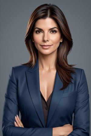 create a hyper realistic vertical photo of Indian most attractive happy woman in her 30s, Trendsetter wolf cut brown hair, trending on artstation, portrait, digital art, modern, sleek, highly detailed, formal, determined, blue business suit, sandra bullock