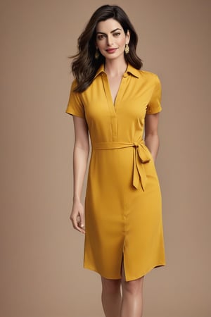 In a bold, vertical composition, a confident Indian woman in her 30s stands out against a smooth, colorized background. She wears a stunning sun-kissed yellow shirt dress that accentuates her sharp jawline and chiseled features. Her Trendsetter wolf-cut brown hair frames her striking face, while her soft smile and full lips radiate Anne Hathaway-esque charm. Her black eyes gleam with intensity, plotting the next move as a CEO. Every detail, from subtle highlights on her hair to delicate folds of her dress, is rendered in hyper-realistic precision.