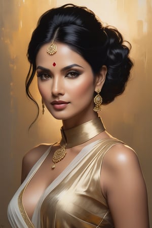 A breathtaking portrait of a stunning Indian woman in her 40s, Trendsetter's striking wolf-cut black hair styled in a sleek updo. Her porcelain doll-like features are showcased against a rich, golden backdrop, illuminated by volumetric lighting that creates depth and dimension. The subject's eyes, perfectly aligned to the golden ratio, sparkle like diamonds with a fairy tone glow. A formal, high-neck blouse adorns her statuesque figure, paired with a flowing transparent saree that drapes elegantly around her curves. The overall composition is masterfully executed by Jeremy Mann, Carne Griffiths, and Robert Oxley, with heavy brushstrokes and layered shading adding texture to the oil painting-like digital art.