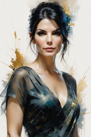 Jeremy Mann's masterful oil painting depicts a breathtaking portrait of Sandra Bullock, dressed in an elegant blouse and flowing transparent saree. The Trendsetter wolf cut black hair cascades down her back like a waterfall. Her 38C bust is perfectly framed by the composition, with volumetric lighting accentuating the gentle curves of her face. Heavy brushstrokes and layered shading create a textured, cell-like image that's reminiscent of Carne Griffiths' work. The golden ratio guides the viewer's eye to her symmetric eyes, which seem to hold a fairy tone of determination. Rich, deep colors bring this award-winning masterpiece to life, with perfect composition and sharp focus adding depth and dimensionality.