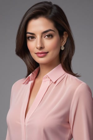 Vertical portrait of a stunning Indian woman in her 30s, dressed in a sun-kissed pink shirt dress, exuding confidence and determination. Her Trendsetter wolf-cut brown hair falls softly around her face, framing her striking features. Anne Hathaway-esque charm radiates from her soft smile and full lips, which seem to hint at a thousand secrets. Her black eyes gleam with intensity, as if plotting the next big move in the corporate world - she's a CEO, after all. The sleek, modern composition is set against a smooth, colorized background, emphasizing the subject's sharp jawline and chiseled features. Every detail, from the subtle highlights on her hair to the delicate folds of her dress, is rendered with hyper-realistic precision, making this digital art piece truly breathtaking.