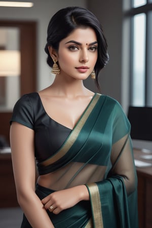 create a hyper realistic vertical photo of Indian most attractive woman in her 20s, Trendsetter wolf cut black hair, trending on artstation, portrait, digital art, modern, sleek, highly detailed, formal, determined, wearing saree, in luxurious office, 36D , fairy tone, fair skin, flirty gaze, anne hathway