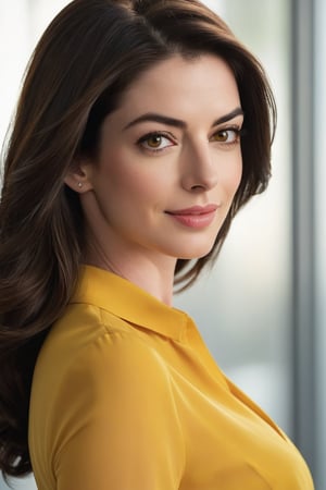 Vertical portrait of a stunning Indian woman in her 30s, dressed in a sun-kissed yellow shirt dress, exuding confidence and determination. Her Trendsetter wolf-cut brown hair falls softly around her face, framing her striking features. Anne Hathaway-esque charm radiates from her soft smile and full lips, which seem to hint at a thousand secrets. Her black eyes gleam with intensity, as if plotting the next big move in the corporate world - she's a CEO, after all. The sleek, modern composition is set against a smooth, colorized background, emphasizing the subject's sharp jawline and chiseled features. Every detail, from the subtle highlights on her hair to the delicate folds of her dress, is rendered with hyper-realistic precision, making this digital art piece truly breathtaking.