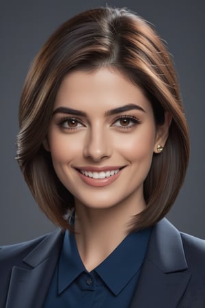 create a hyper realistic vertical photo of Indian most attractive happy woman in her 30s, Trendsetter wolf cut brown hair, trending on artstation, portrait, digital art, modern, sleek, highly detailed, formal, determined, blue business suit, Anne hathway,