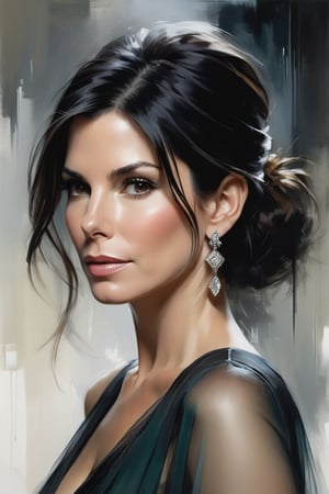 Sandra Bullock's portrait by Jeremy Mann: Anne, donning an elegant blouse and flowing transparent saree against a subtle background, poses confidently. Her Trendsetter wolf cut black hair cascades down her back like a waterfall, framing her 38C bust. Volumetric lighting accentuates her facial curves while heavy brushstrokes and layered shading create textured layers. The golden ratio guides the eye to her symmetric eyes radiating determination. Rich colors bring this masterpiece to life with perfect composition and sharp focus adding depth and dimensionality.