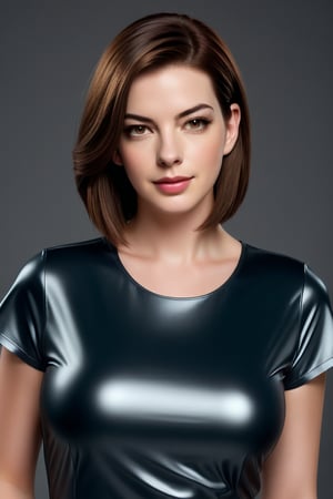 A determined CEO in her 20s, donning a trendy T-shirt dress, stands confidently against a sleek, modern backdrop. Her wolf-cut brown hair, styled by Anne Hathaway, cascades down her back like a waterfall of chocolate. Her black eyes gleam with intensity as she sports a soft smile and smooth lips. The colorized portrait captures the subject's charming, pretty features in stunning detail, showcasing her striking beauty. A Trendsetter in every sense, this hyper-realistic image is sure to turn heads on ArtStation.