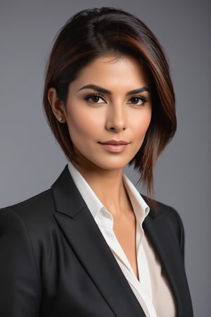 Close-up portrait of an Indian woman in her 30s with a trendsetting wolf-cut brown hairdo, donning a stunning  business suit that exudes determination and confidence. Her gaze is direct, yet soft, reminiscent of Sandra Bullock's signature elegance. Framed by a shallow depth of field, the subject's sharp features are showcased against a neutral, gradient-blurred background, allowing her to take center stage. Softbox lighting casts a flattering glow on her skin tone, while the suit's subtle sheen adds dimensionality. The overall atmosphere is one of modern sophistication and poise.