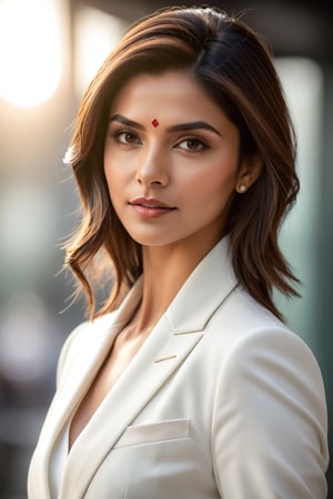 Here is the prompt:

Create an image of a close-up portrait of an Indian woman in her 30s with a wolf-cut brown hairdo, dressed in a stunning white business suit that exudes determination and confidence. Her gaze is direct yet soft, reminiscent of Deepika Padukone's elegance. The subject is framed by a shallow depth of field against a neutral, gradient-blurred background, highlighting her sharp features. Softbox lighting casts a flattering glow on her skin tone, while the suit's subtle sheen adds dimensionality. The overall atmosphere is modern sophistication and poise.