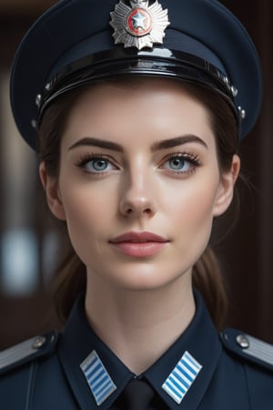 a breathtakingly beautiful caucasian woman Anne hathway from Russian, female police  uniform, perfect symmetric eyes, natural skin texture, hyperrealism, soft light, sharp, 8k hdr, dslr, high contrast, cinematic lighting, high quality, film grain, Fujifilm XT3