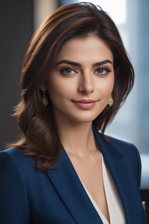 create a hyper realistic vertical photo of Indian most attractive happy woman in her 30s, Trendsetter wolf cut brown hair, trending on artstation, portrait, digital art, modern, sleek, highly detailed, formal, determined, blue business suit, Anne hathway, perfect symmetric eyes, natural skin texture, hyperrealism, soft light, sharp, 8k hdr, dslr, high contrast, cinematic lighting, high quality, film grain, Fujifilm XT3