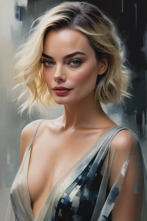 Margot Robbie's portrait by Jeremy Mann: Anne, donning an elegant blouse and flowing transparent saree against a subtle background, poses confidently. Her Trendsetter wolf cut black hair cascades down her back like a waterfall, framing her 38C bust. Volumetric lighting accentuates her facial curves while heavy brushstrokes and layered shading create textured layers. The golden ratio guides the eye to her symmetric eyes radiating determination. Rich colors bring this masterpiece to life with perfect composition and sharp focus adding depth and dimensionality.