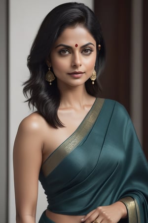 create a hyper realistic vertical photo of most attractive Indian woman in her 40s, Trendsetter wolf cut black hair, trending on artstation, portrait, digital art, modern, sleek, highly detailed, formal, determined, 36D ,  fairy tone, saree, navel show, Willa Holland


