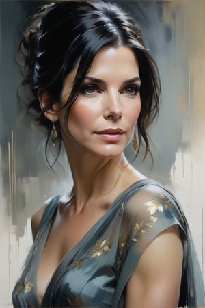 Jeremy Mann's oil painting presents Sandra Bullock in an exquisite portrait, donning an elegant blouse and flowing transparent saree against a subtle background. The Trendsetter wolf cut black hair flows down her back like a waterfall, framing the 38C bust perfectly. Volumetric lighting accentuates her facial curves, while heavy brushstrokes and layered shading create a textured image reminiscent of Carne Griffiths' work. The golden ratio guides the eye to her symmetric eyes, radiating determination. Rich colors bring this masterpiece to life, with perfect composition and sharp focus adding depth and dimensionality.