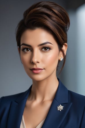 Close-up portrait of an Indian woman in her 30s with a trendsetting wolf-cut brown hairdo, donning a stunning blue business suit that exudes determination and confidence. Her gaze is direct, yet soft, reminiscent of Anne Hathaway's signature elegance. Framed by a shallow depth of field, the subject's sharp features are showcased against a neutral, gradient-blurred background, allowing her to take center stage. Softbox lighting casts a flattering glow on her skin tone, while the suit's subtle sheen adds dimensionality. The overall atmosphere is one of modern sophistication and poise.