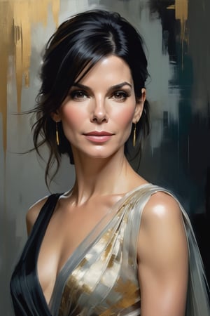 Sandra Bullock's portrait by Jeremy Mann: Anne, donning an elegant blouse and flowing transparent saree against a subtle background, poses confidently. Her Trendsetter wolf cut black hair cascades down her back like a waterfall, framing her 38C bust. Volumetric lighting accentuates her facial curves while heavy brushstrokes and layered shading create textured layers. The golden ratio guides the eye to her symmetric eyes radiating determination. Rich colors bring this masterpiece to life with perfect composition and sharp focus adding depth and dimensionality.