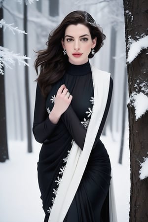 Anne Hathaway kneels amidst a serene winter wonderland, her determined gaze piercing through the frigid air. Her sleek black saree drapes elegantly around her legs, as if frozen in place. Snowflakes gently caress her dark locks, and the soft wind whispers secrets to her ear. Anne's pretty features are illuminated by the pale light of the winter forest, her soft smile and smooth lips invitingly subtle. The icy atmosphere is tempered only by the warmth emanating from her captivating presence. Framed by towering trees heavy with snow, Anne's beauty is on full display in this stunning vertical photograph.