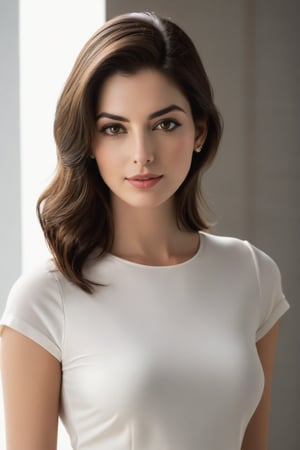 Vertical composition of a stunning Indian woman in her 20s, donning a fitted T-shirt and flowing dress, exudes modern sophistication. Her determined gaze, reminiscent of Anne Hathaway's intensity, is softened by a subtle smile. Luscious wolf-cut brown hair cascades down her back, framing her striking features: piercing black eyes, plump soft lips, and porcelain skin. The subject's serious demeanor is tempered by the slightest upturn at the corners of her mouth, conveying a sense of quiet confidence. The scene is bathed in warm, colorized lighting, accentuating the model's sleek physique and trendy style, making her a true trendsetter.