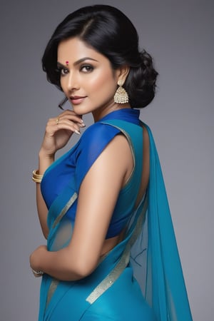 A stunning Indian woman in her 40s, donning a trendy wolf-cut black hairstyle, stands tall in a vertical composition, her gaze direct and confident. She wears a mesmerizing blue saree, flowing like liquid silk, paired with a fitted gym dress that accentuates her toned physique. Her 36D bust is elegantly showcased beneath the saree's sheer fabric.

In front of a clean, modern background, she strikes a determined pose, one hand resting on her hip, the other holding a sleek, silver object (perhaps a pen or a small device). The fairy tone of her skin glows softly under the subtle lighting, which casts a slight shadow on her face, highlighting her striking features. The overall aesthetic is sophisticated and trendy, as if she's stepped out of a fashion magazine spread.