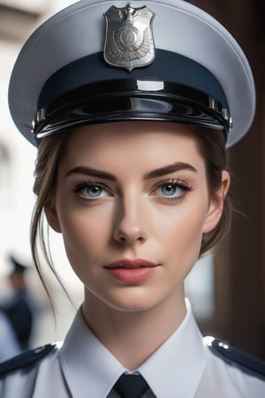 a breathtakingly beautiful caucasian woman Anne hathway from Russian, loose hair, big 
 buttock,female police  uniform, perfect symmetric eyes, natural skin texture, hyperrealism, soft light, sharp, 8k hdr, dslr, high contrast, cinematic lighting, high quality, film grain, Fujifilm XT3