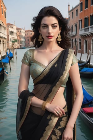 A stunning Indian woman with a wolf cut black hair, trendsetter of her era, stands majestically against the romantic backdrop of Venice City, France's canalside beauty. Her formal saree, adorned with intricate patterns, shimmers in the soft fairy tone light as she wears it with confidence. Fair skin glows with a subtle sheen and piercing gaze exudes determination. Framed vertically, her 36D curves take center stage against ancient architecture, Anne Hathaway-like features radiating self-assurance.