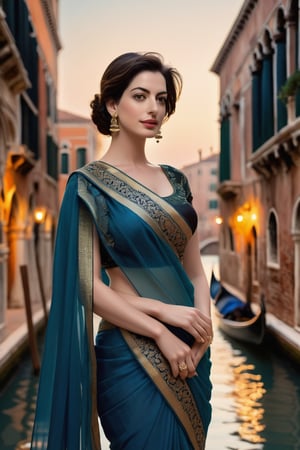 In this captivating shot, the Indian woman stands tall amidst Venice City's timeless beauty, her wolf cut black hair framing her striking features. A stunning saree adorns her lithe figure, its intricate patterns glimmering under soft fairy lights. Her porcelain skin radiates a subtle sheen, and her piercing gaze exudes determination as she confidently poses against ancient architecture. The vertical composition accentuates her 36D curves, showcasing Anne Hathaway-like features that shine through with poise.