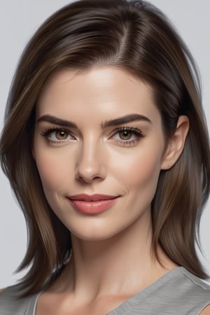 craft a hyper realistic vertical photo of most attractive happpy woman in her 30s in T-shirt Dresses, trending on artstation, portrait, digital art, modern, sleek, highly detailed, formal, serious, determined, CEO, colorized, smooth, charming, pretty, soft smile, soft lips, black eyes, Trendsetter wolf cut brown hair, anne hathway,