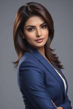 Vertically-framed portrait of a stunning Indian woman in her 30s, sporting a trendy 'wolf cut' brown hairdo. She exudes confidence and determination, dressed to impress in a sharp blue business suit that accentuates her curves. Her eyes sparkle with a hint of mischief, reminiscent of Anne Hathaway's captivating gaze. The sleek, modern composition is set against a neutral background, allowing the subject to take center stage. Highly detailed textures and subtle lighting effects bring forth a hyper-realistic quality, making this digital artwork stand out on ArtStation.