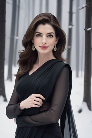 craft a hyper realistic vertical photo of anne hathway, attractive woman in her 40s, sleek, highly detailed, formal,  determined, colorized, smooth, charming, pretty, soft smile, soft lips, black eyes, black saree,  on knees, winter forest, snow wind, cold atmosphere,