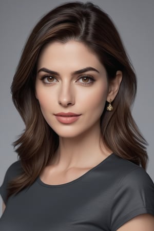 craft a hyper realistic vertical photo of Indian most attractive serious woman in her 30s in T-shirt Dresses, trending on artstation, portrait, digital art, modern, sleek, highly detailed, formal, serious, determined, CEO, colorized, smooth, charming, pretty, soft smile, soft lips, black eyes, Trendsetter wolf cut brown hair, anne hathway,