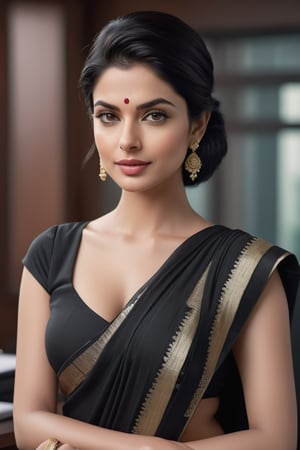 create a hyper realistic vertical photo of Indian most attractive woman in her 30s, Trendsetter wolf cut black hair, trending on artstation, portrait, digital art, modern, sleek, highly detailed, formal, determined, wearing saree, in luxurious office, 36D , fairy tone, fair skin, flirty gaze, anne hathway