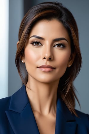 Close-up portrait of an Indian woman in her 30s with a trendsetting wolf-cut brown hairdo, donning a stunning blue business suit that exudes determination and confidence. Her gaze is direct, yet soft, reminiscent of Sandra Bullock's signature elegance. Framed by a shallow depth of field, the subject's sharp features are showcased against a neutral, gradient-blurred background, allowing her to take center stage. Softbox lighting casts a flattering glow on her skin tone, while the suit's subtle sheen adds dimensionality. The overall atmosphere is one of modern sophistication and poise.