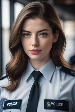 a breathtakingly beautiful caucasian woman Anne hathway from Russian, loose hair, big 
 buttock,female police  uniform, perfect symmetric eyes, natural skin texture, hyperrealism, soft light, sharp, 8k hdr, dslr, high contrast, cinematic lighting, high quality, film grain, Fujifilm XT3