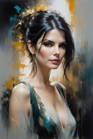 Jeremy Mann's masterful oil painting depicts a breathtaking portrait of Sandra Bullock, dressed in an elegant blouse and flowing transparent saree. The Trendsetter wolf cut black hair cascades down her back like a waterfall. Her 38C bust is perfectly framed by the composition, with volumetric lighting accentuating the gentle curves of her face. Heavy brushstrokes and layered shading create a textured, cell-like image that's reminiscent of Carne Griffiths' work. The golden ratio guides the viewer's eye to her symmetric eyes, which seem to hold a fairy tone of determination. Rich, deep colors bring this award-winning masterpiece to life, with perfect composition and sharp focus adding depth and dimensionality.